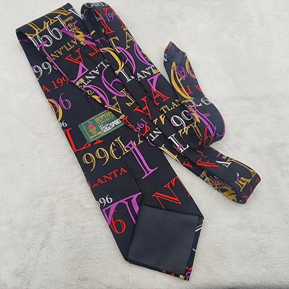 Vintage Olympics Tie  Atlanta 1996 Mens One Size Black Silk Necktie 90s USA Made